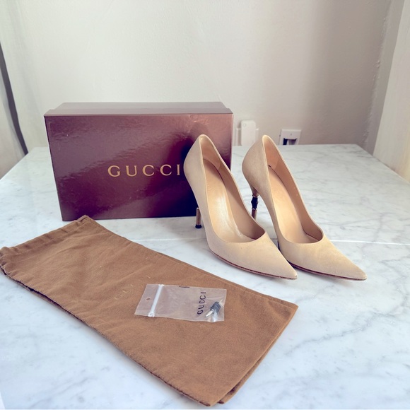 Gucci Suede Heels with Bamboo heel accent. - Picture 1 of 11